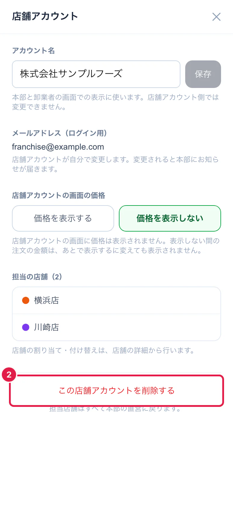 店舗アカウントの詳細
